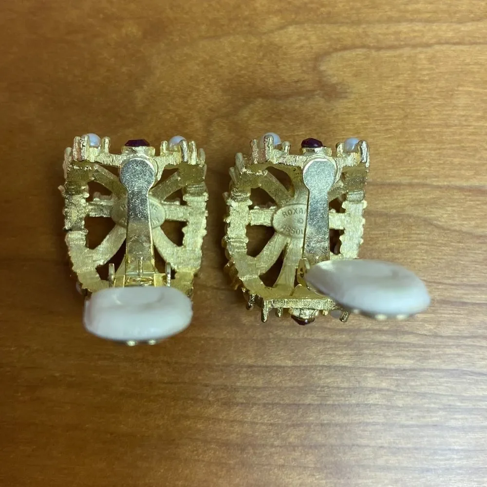 Roxanne Assoulin Gold Tone Faux Pearl Red & Blue Rhinestone Clip On Earrings